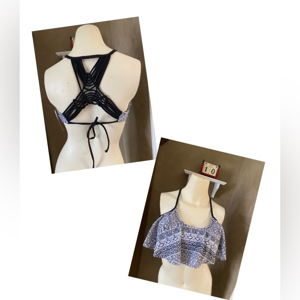 Arizona Aztec Flutter Strappy Back Bikini Top women’s size L Black White